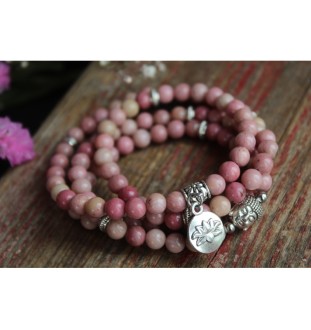 Handmade Rhodonite Mala Bracelet with Lotus Pendant – Healing Stone for New Beginnings & Emotional Balance