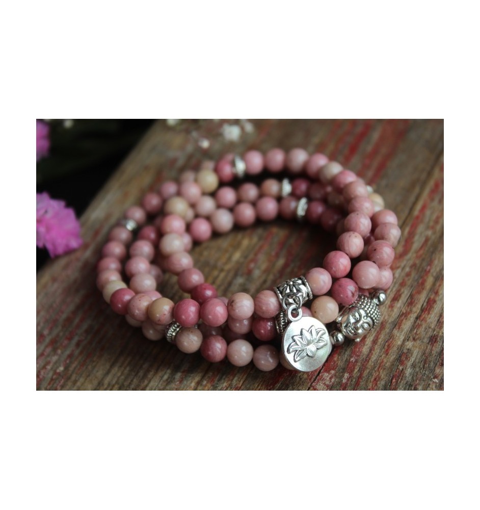 Handmade Rhodonite Mala Bracelet with Lotus Pendant – Healing Stone for New Beginnings & Emotional Balance