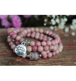 Handmade Rhodonite Mala Bracelet with Lotus Pendant – Healing Stone for New Beginnings & Emotional Balance