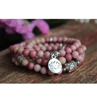 Handmade Rhodonite Mala Bracelet with Lotus Pendant – Healing Stone for New Beginnings & Emotional Balance
