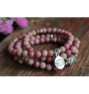 Handmade Rhodonite Mala Bracelet with Lotus Pendant – Healing Stone for New Beginnings & Emotional Balance