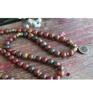 Handmade Jasper Mala Bracelet with Lotus Pendant | Healing Stone Jewelry