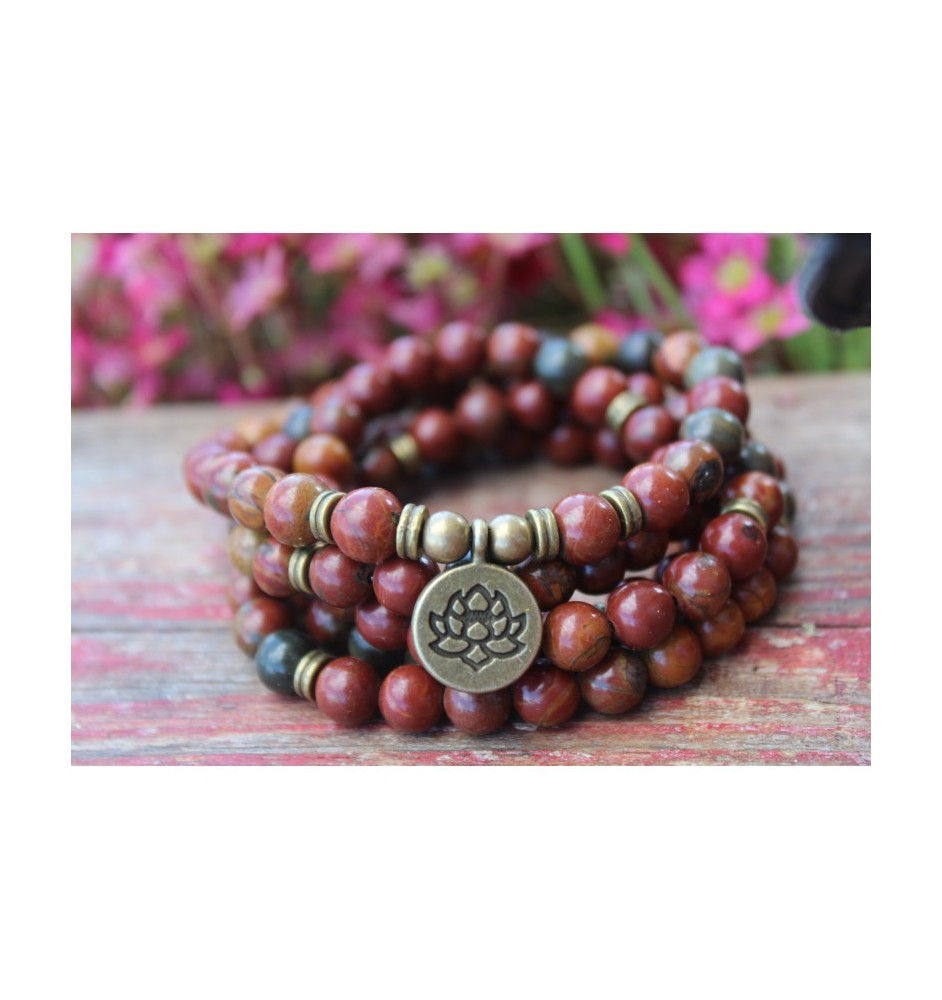 Handgefertigtes Jaspis Mala Armband mit Lotusanhänger | Heilstein Schmuck