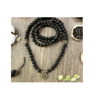 Mala bracelet made of lava stone with lotus pendant – 108 beads