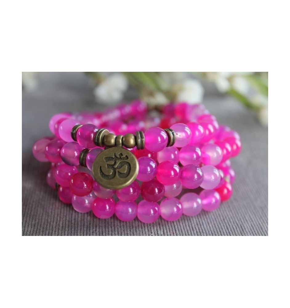 108 Mala Kette Armband mit OM Zeichen PINK ROSA Wunderschön Meditation Halskette oder Armband