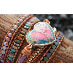 Elegant wrap bracelet with jasper beads: heart pendant for protection and stability