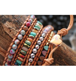 Elegant wrap bracelet with jasper beads: heart pendant for protection and stability