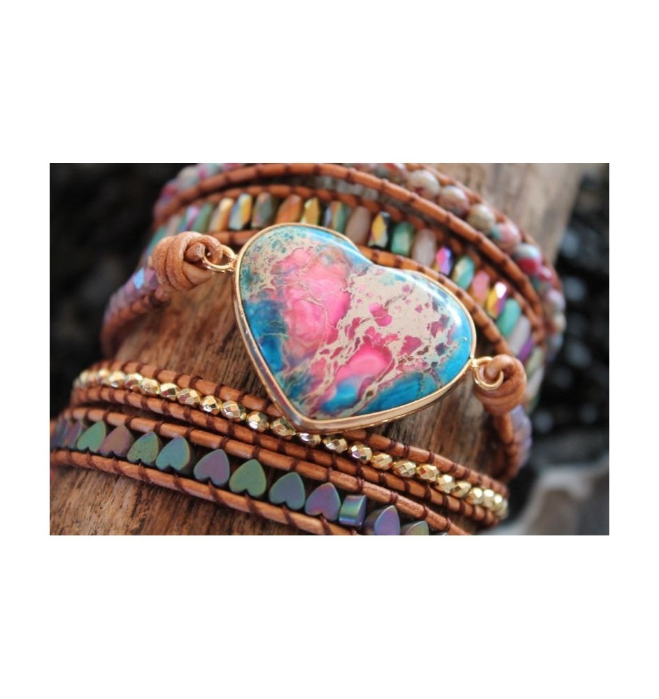 Elegant wrap bracelet with jasper beads: heart pendant for protection and stability