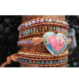 Elegant wrap bracelet with jasper beads: heart pendant for protection and stability