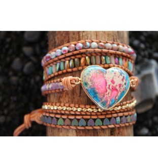 Elegant wrap bracelet with jasper beads: heart pendant for protection and stability